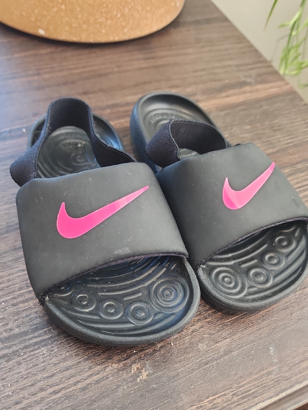 Nike Kids Black Slide Sandals with Pink Swoosh